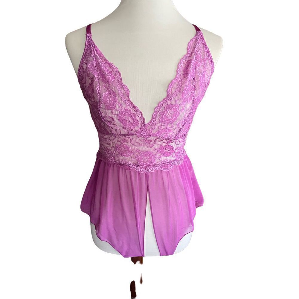 Gorgeous! Lilac Satin Lace Rose Negligee Open Crotch S